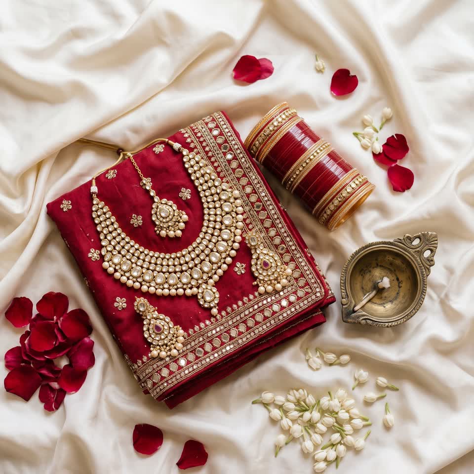 Kundan jewellery, a brass diya and rose petals on ivory silk