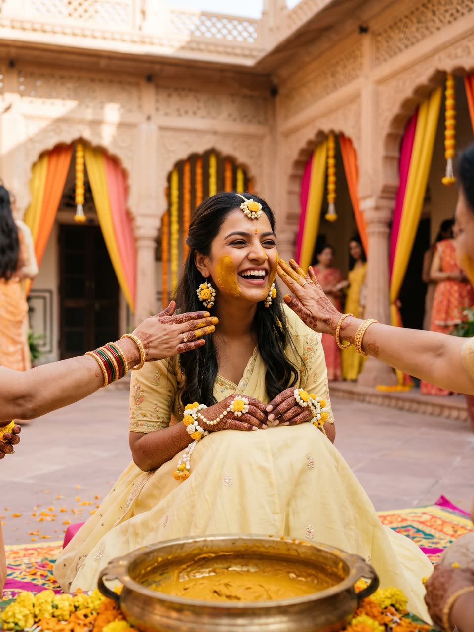 Ishita laughing as turmeric is smeared on her cheeks at the haldi