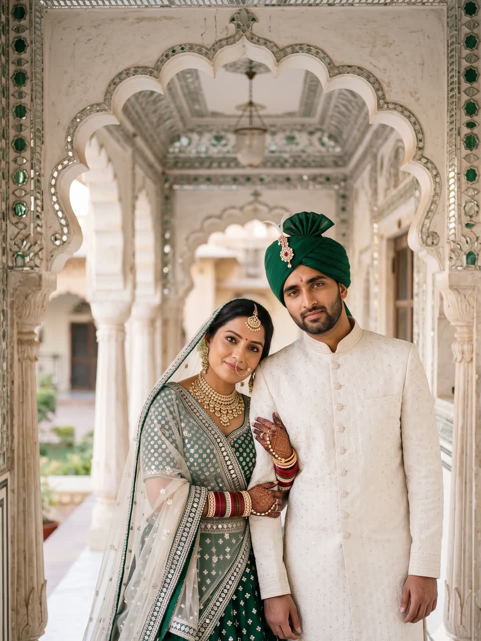 Ishita in an emerald lehenga leaning on Aarav's shoulder in a mirrored palace corridor