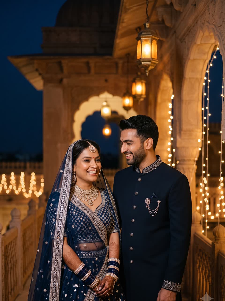 Ishita and Aarav laughing on a palace terrace at night under brass lanterns
