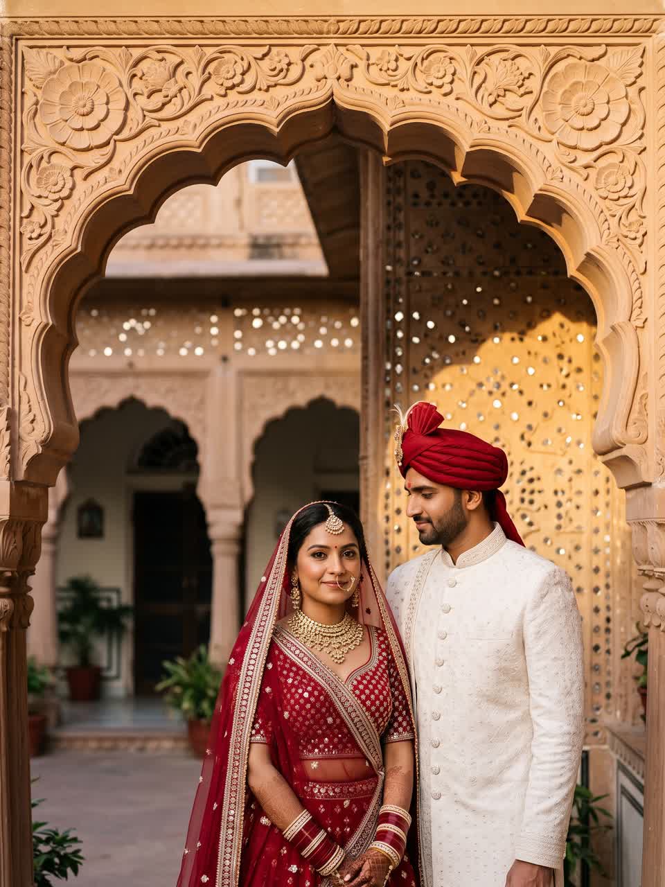 Ishita in a ruby lehenga and Aarav in an ivory sherwani beneath a mirror-inlaid sandstone arch