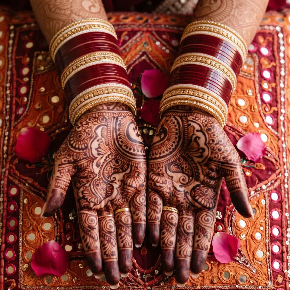 Ishita's hands with fine mehendi of paisleys, peacocks and lotus vines