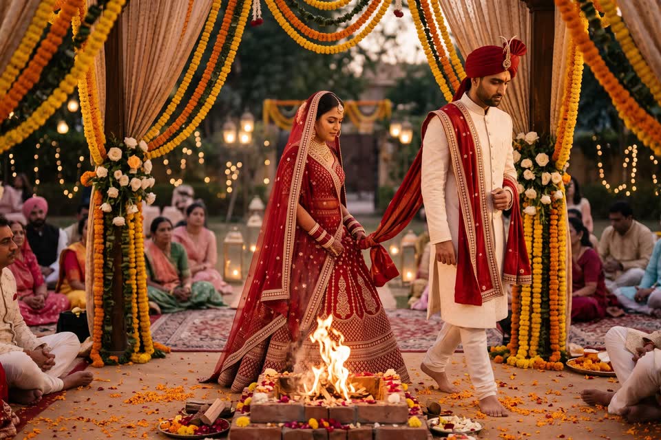 Aarav and Ishita walking around the sacred fire under a marigold mandap