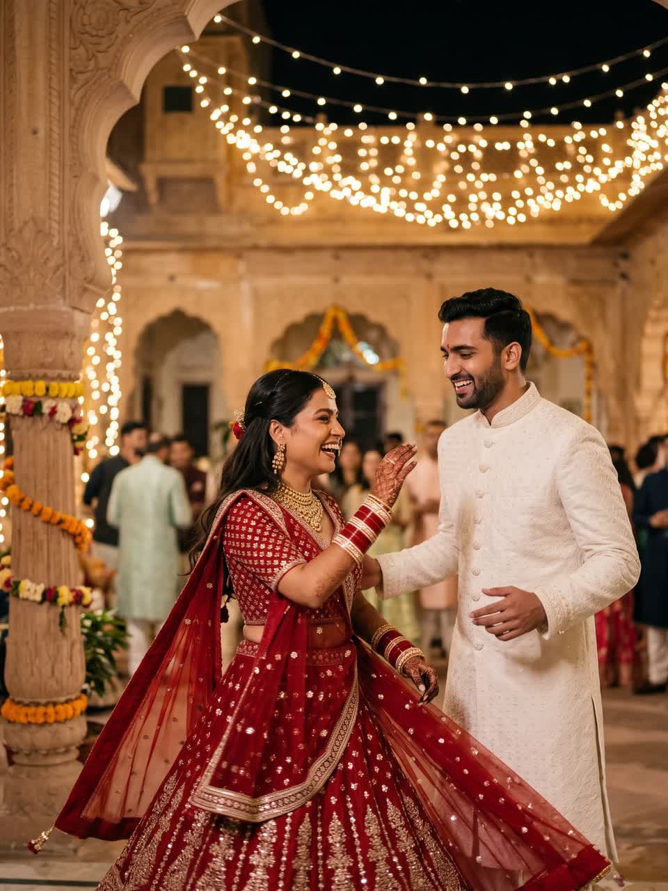 Aarav and Ishita dancing under string lights at the sangeet