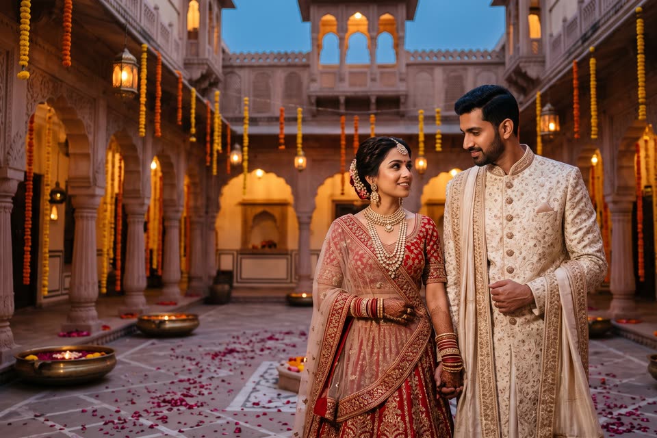A haveli courtyard at blue hour with lanterns and marigold strings