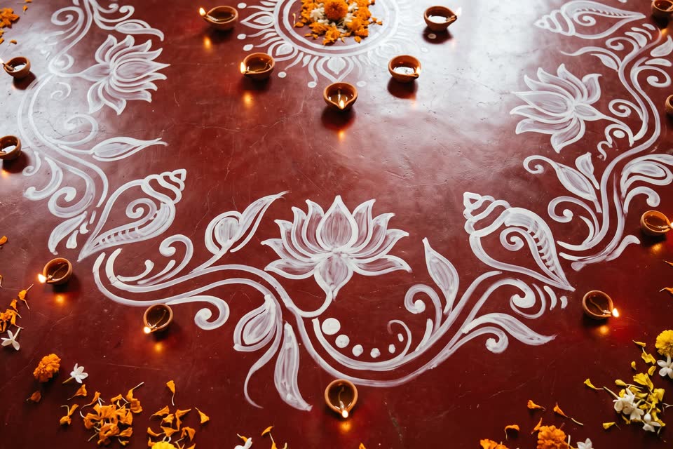 White alpana of lotus and conch shells on a red floor, ringed with clay lamps