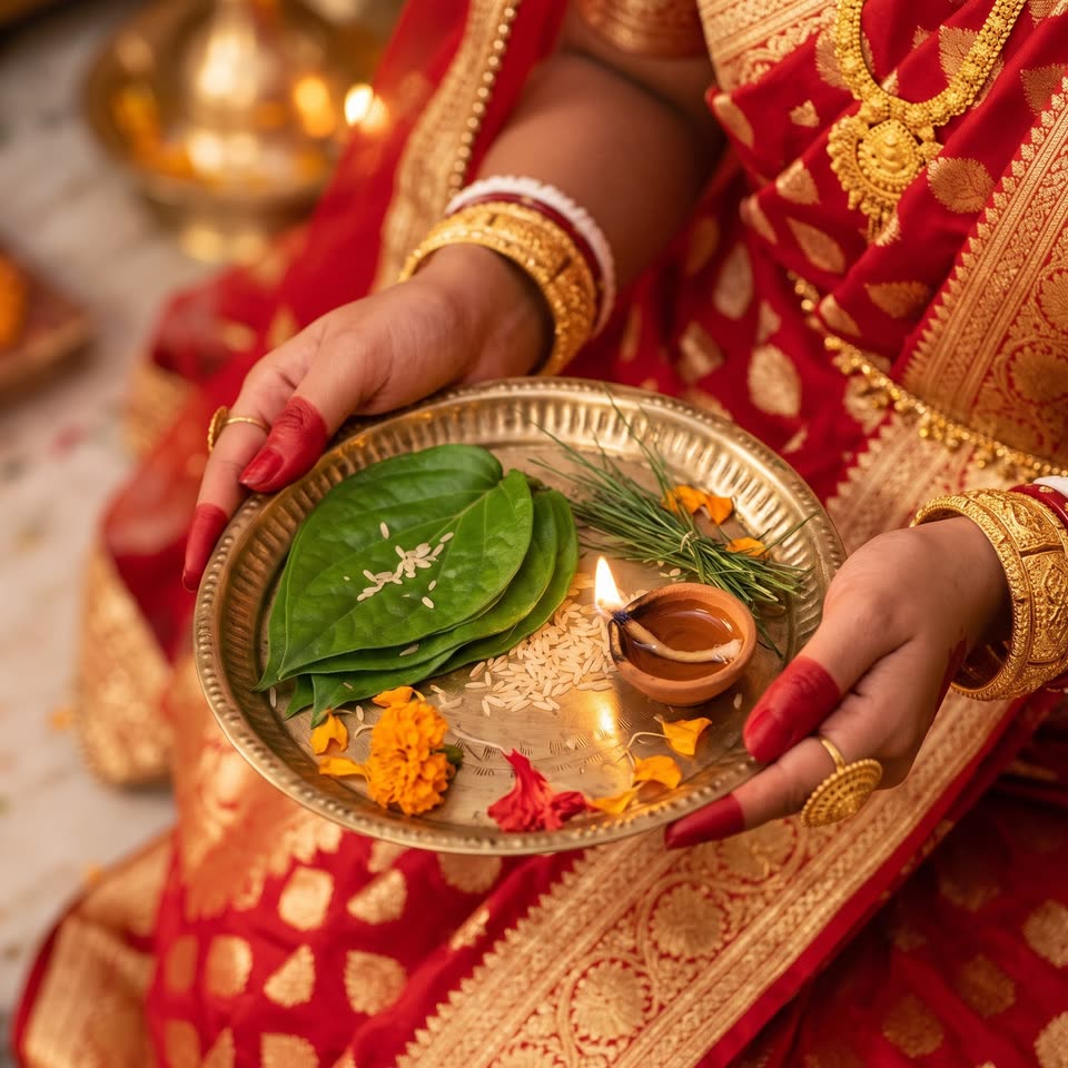 Hands in shakha pola bangles holding a brass plate of betel leaves, durva and rice