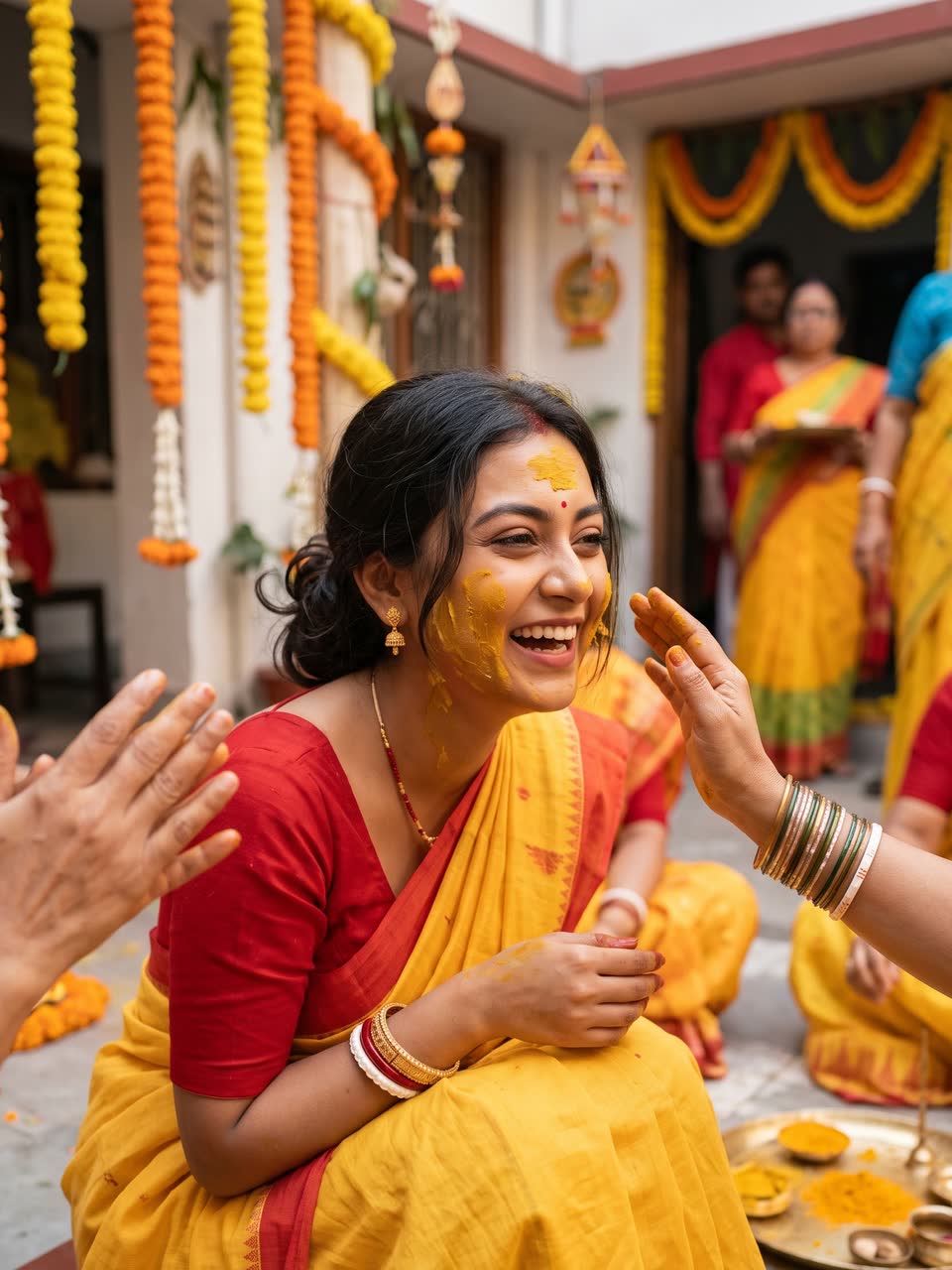 Srijita laughing with turmeric on her cheeks at the gaye holud