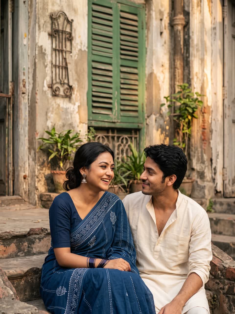 Srijita in an indigo kantha saree and Arnab sitting on the steps of an old Kolkata house