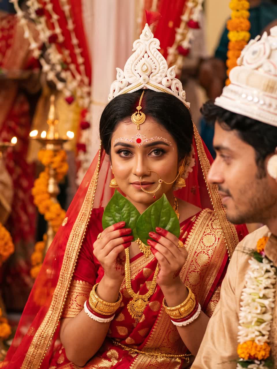 Srijita lowering two betel leaves from her face at the Shubho Drishti