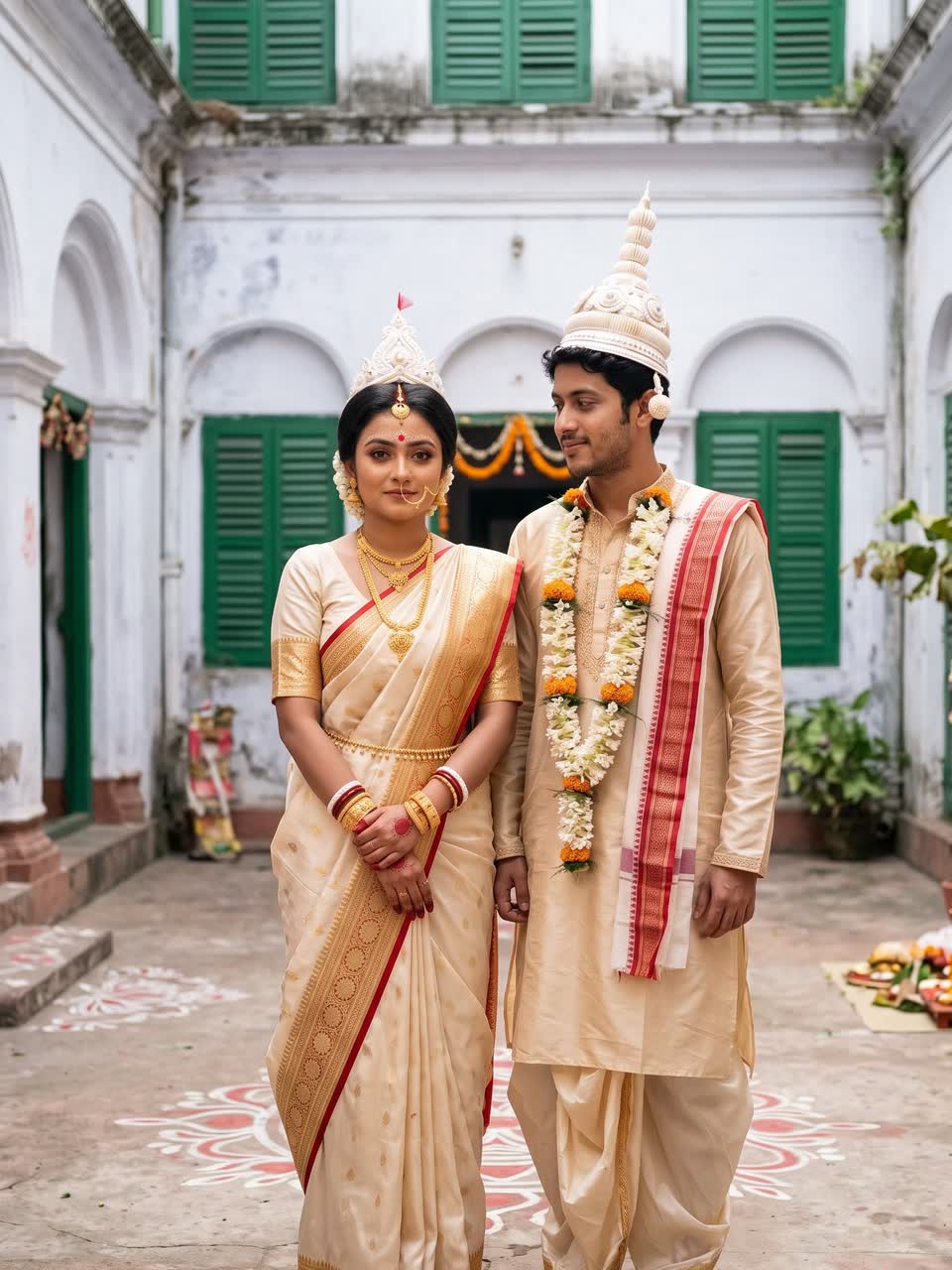 Srijita in an ivory and gold saree beside Arnab in his topor in a white courtyard