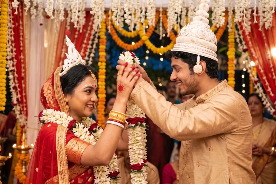 Arnab and Srijita exchanging tuberose garlands at the mala badal