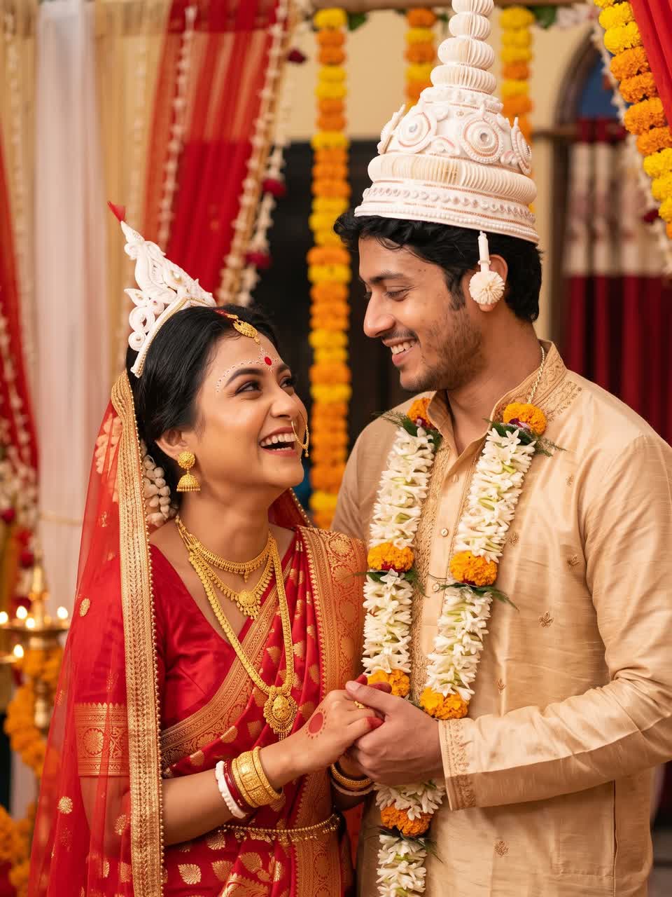 Srijita in her red saree and mukut with Arnab in his topor